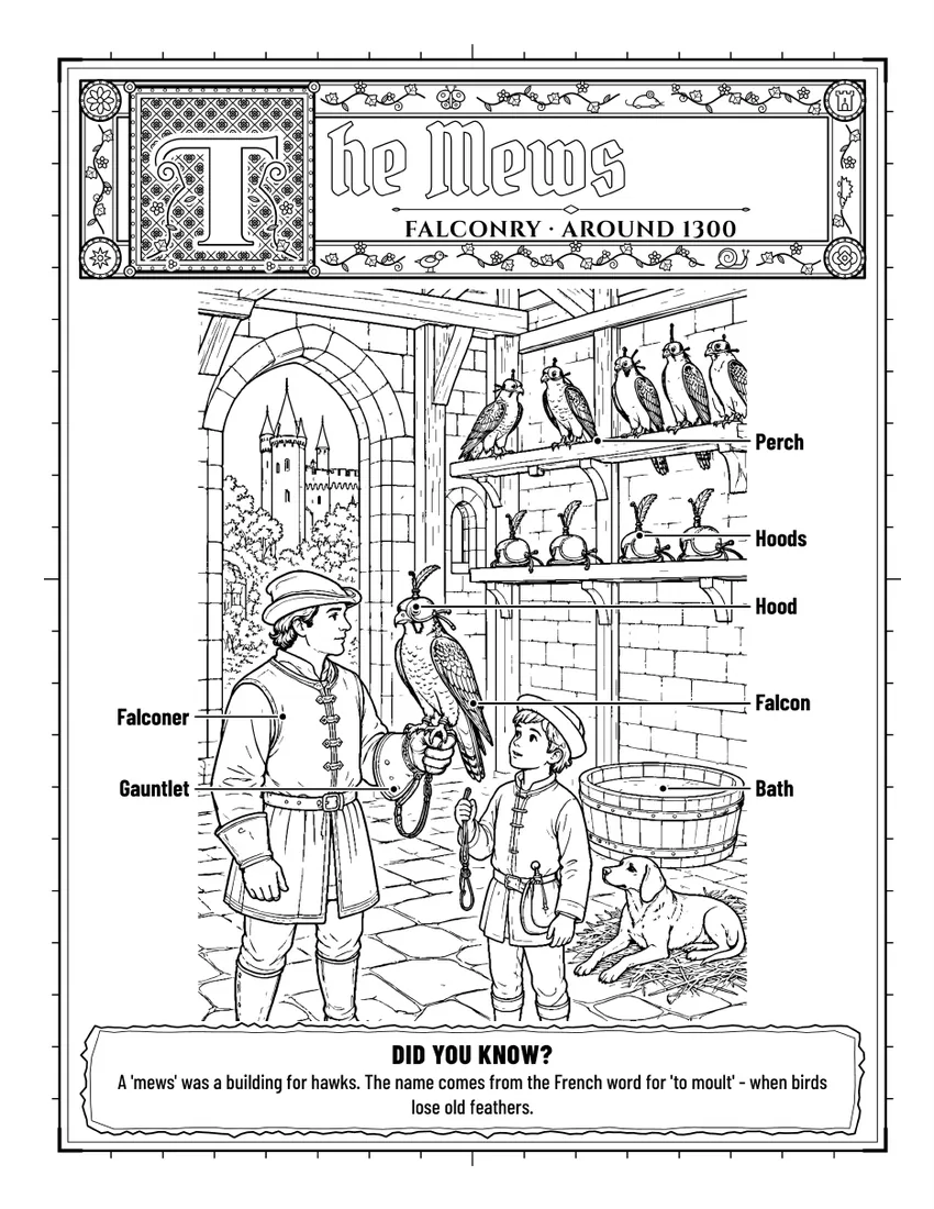 Falconer and a boy in the castle mews, around 1300, with the perch, hoods and falcon labelled