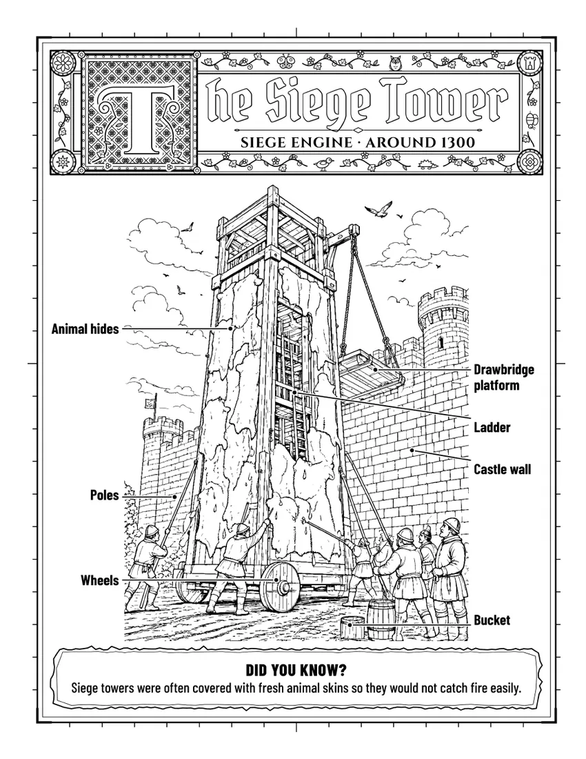 Siege tower against a castle wall, with the animal hides, drawbridge platform and ladder labelled