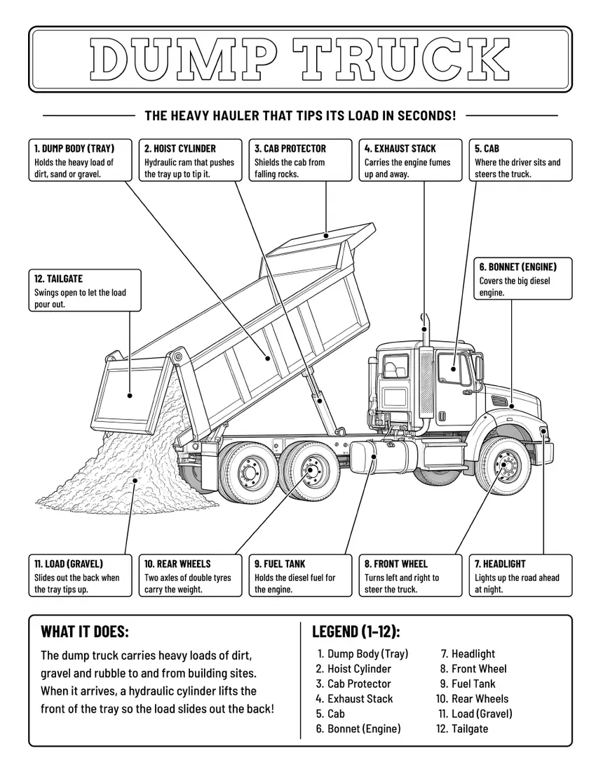 Dump truck colouring page with labelled parts