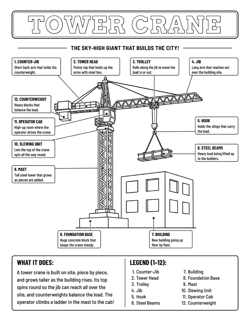 Tower crane colouring page with labelled parts