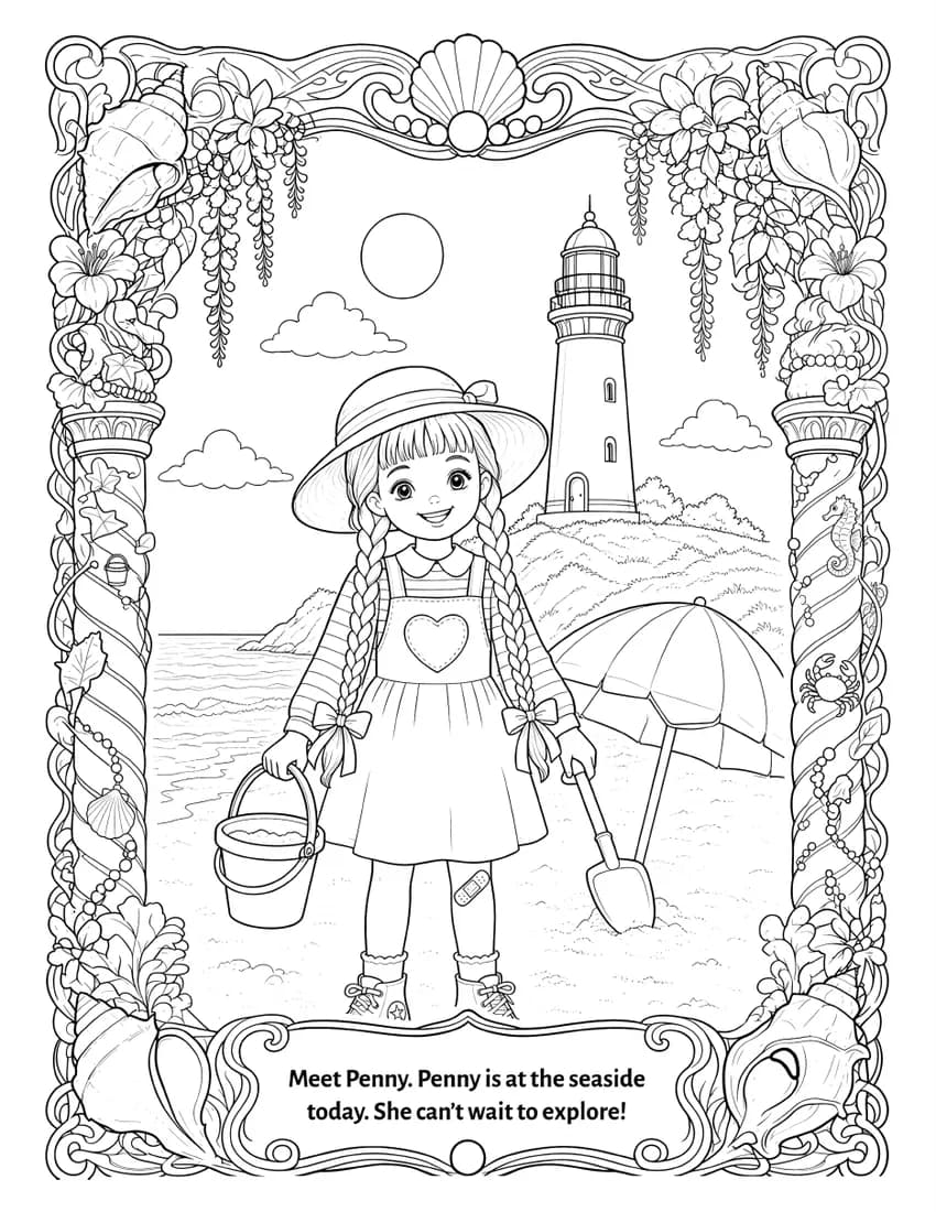 Penny at the seaside with a bucket and spade, a lighthouse behind her