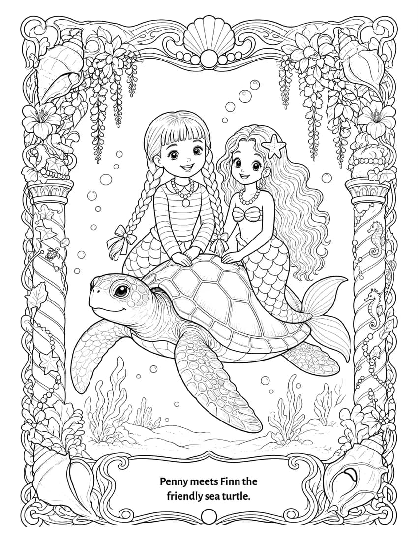 Penny and Shelly ride a friendly sea turtle