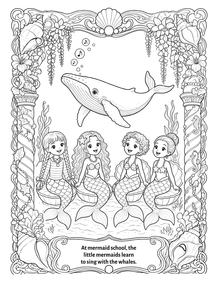 At mermaid school, the little mermaids learn to sing with the whales