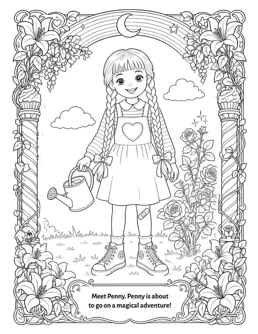 Penny with a watering can, about to go on a magical adventure, inside an ornate flower border