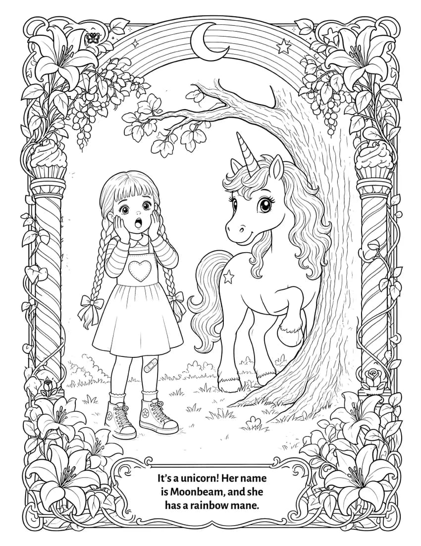 Penny meets Moonbeam the unicorn under a big tree
