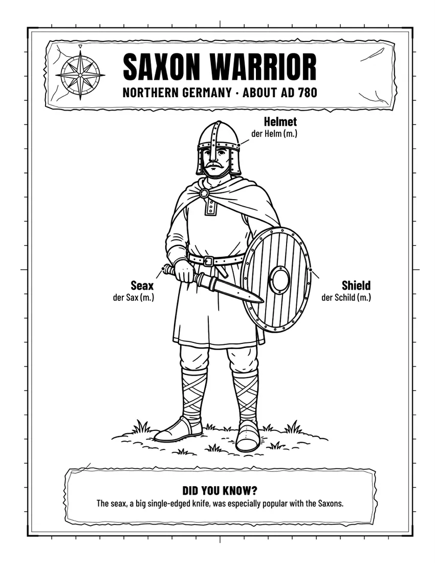 Saxon warrior colouring page with English and German labels