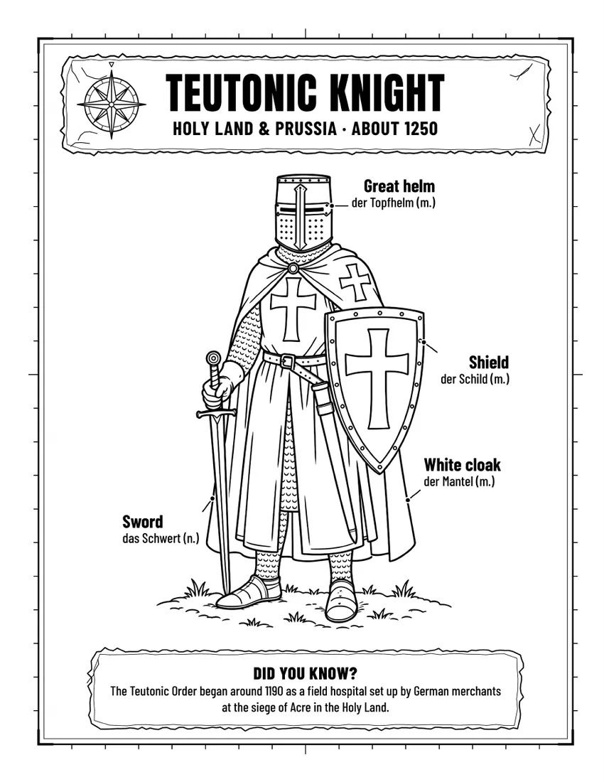 Teutonic knight colouring page with English and German labels
