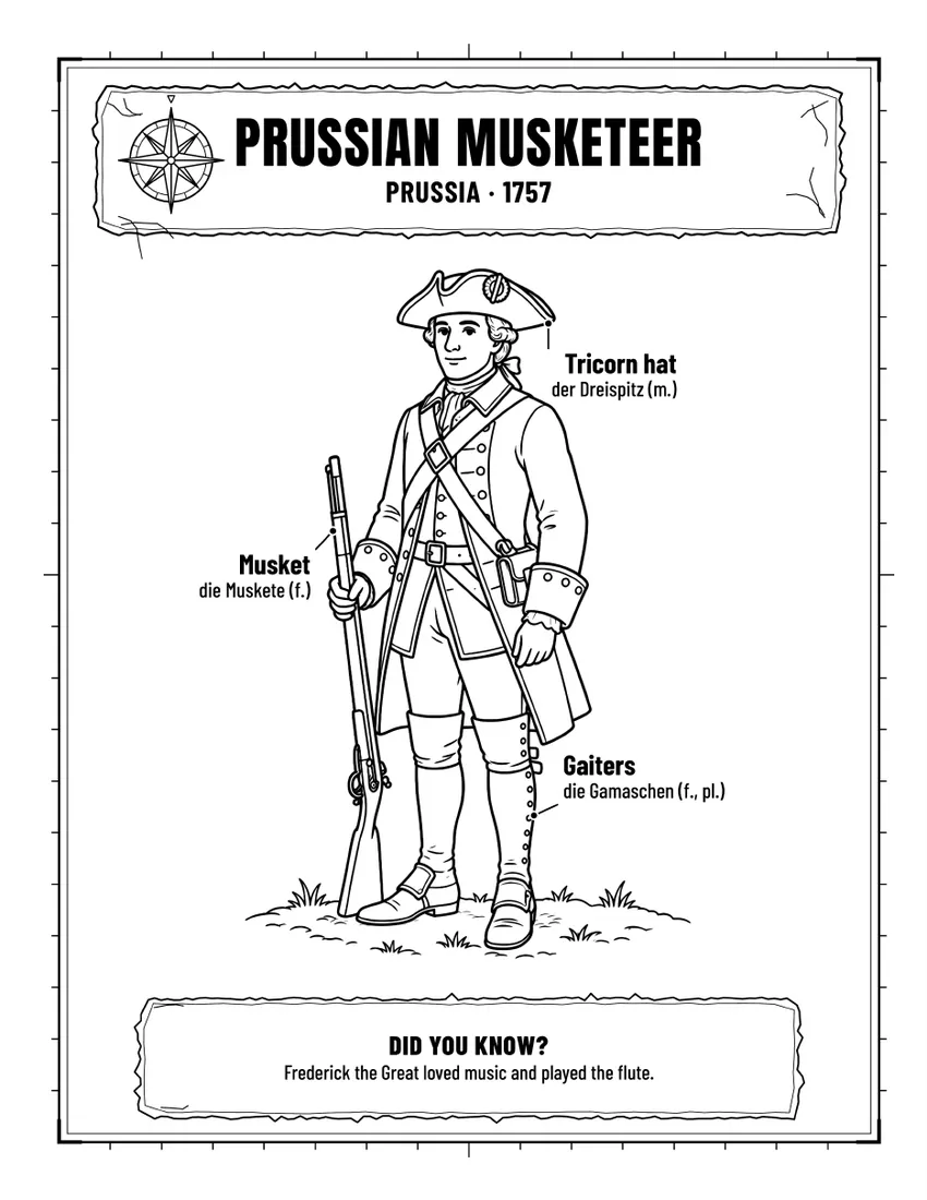 Prussian musketeer colouring page with English and German labels