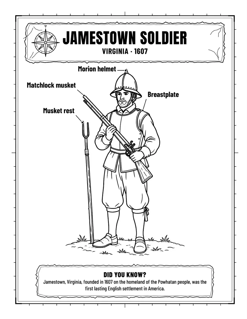 Jamestown soldier, 1607, colouring page with labelled kit