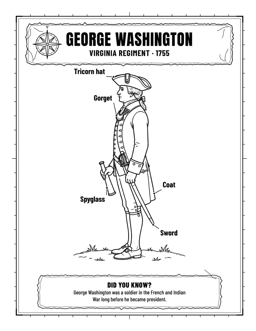 George Washington, Virginia Regiment, 1755, colouring page with labelled kit
